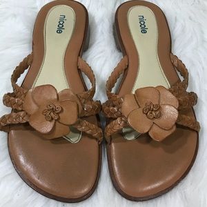 Nicole Luggage Tan Flower Petal braid Slide Sandal